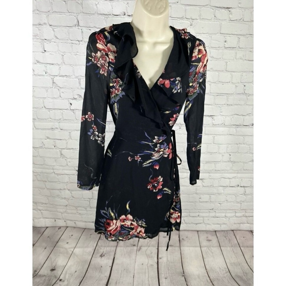 Reformation Black Floral Long Sleeve Viscose Short Wrap Dress Ruffle V Neck S